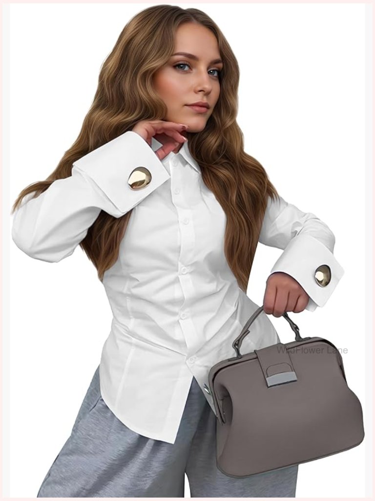 Elegant Office Blouse Long Sleeve V Neck Button Down Shirt